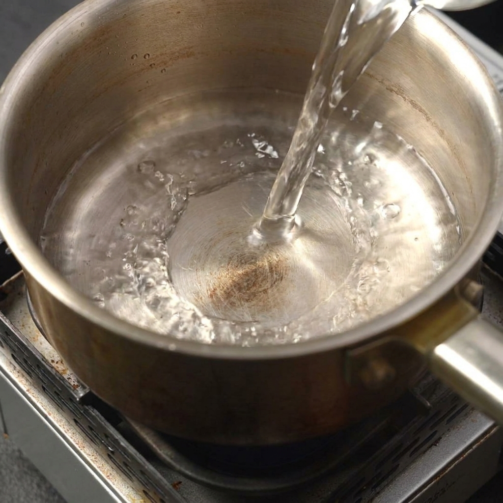 De leau versée dans une marmite en acier inoxydable sur la cuisinière.
