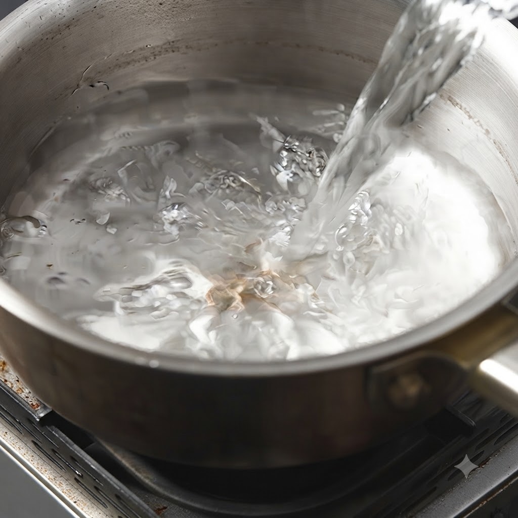 Du vin blanc versé dans une marmite remplie deau.