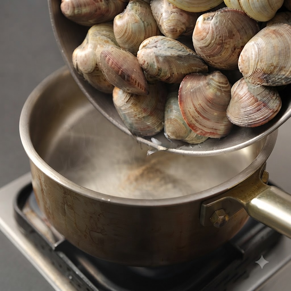 Des palourdes versées dune assiette dans la marmite de cuisson.