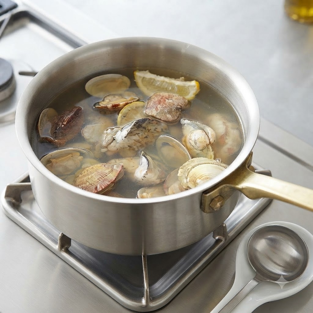Des palourdes bouillant dans un bouillon assaisonné à lintérieur dune marmite sur la cuisinière.