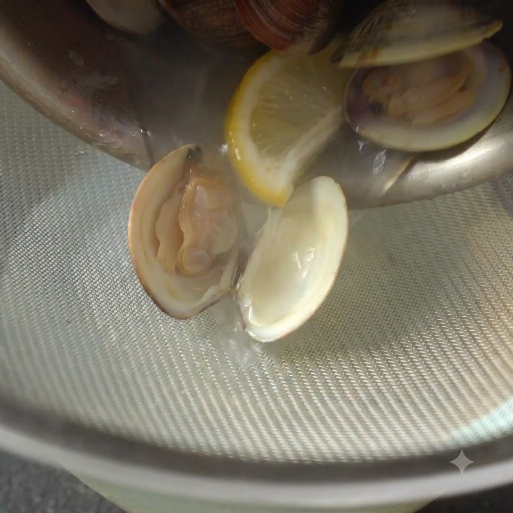 Une passoire retenant des palourdes cuites et une tranche de citron tandis que le liquide sécoule dans un bol en dessous.