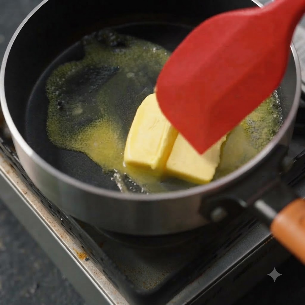 Deux blocs de beurre jaune fondant dans une poêle noire guidés par une spatule en silicone rouge.