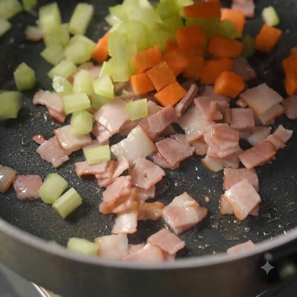 Des dés de céleri vert et de carottes orange mélangés au bacon alors que le liquide commence à sintégrer dans la poêle.