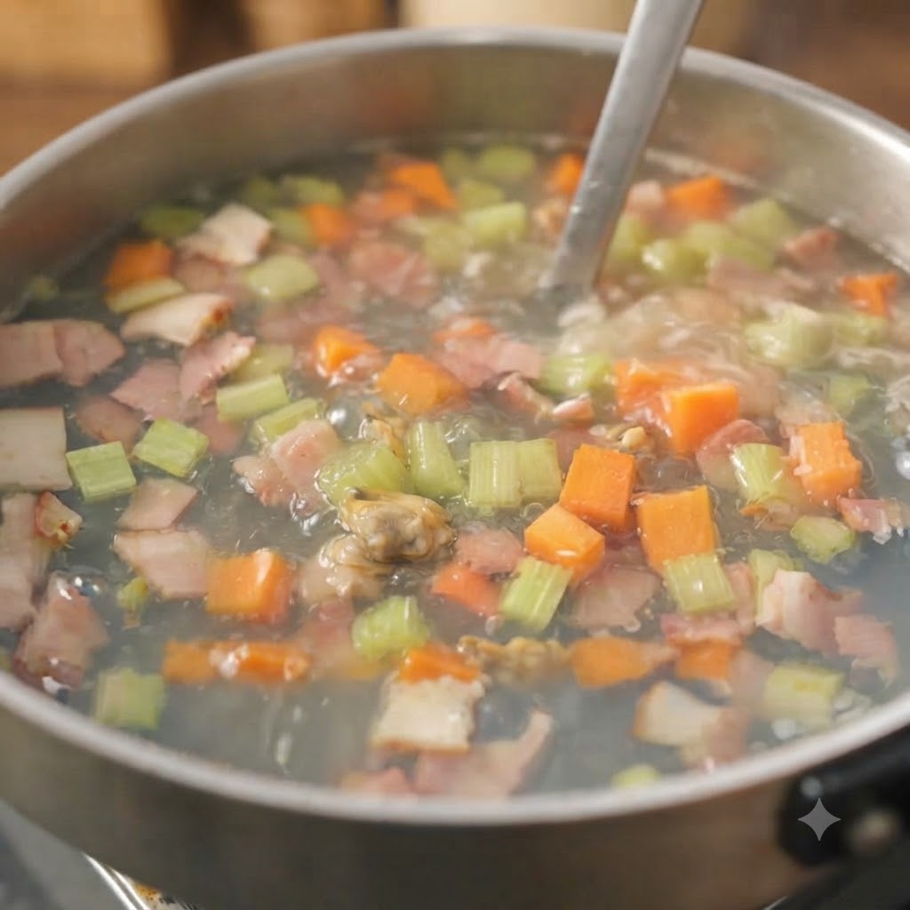 Une grande marmite remplie dune soupe frémissante de légumes, bacon et bouillon, remuée avec une louche.