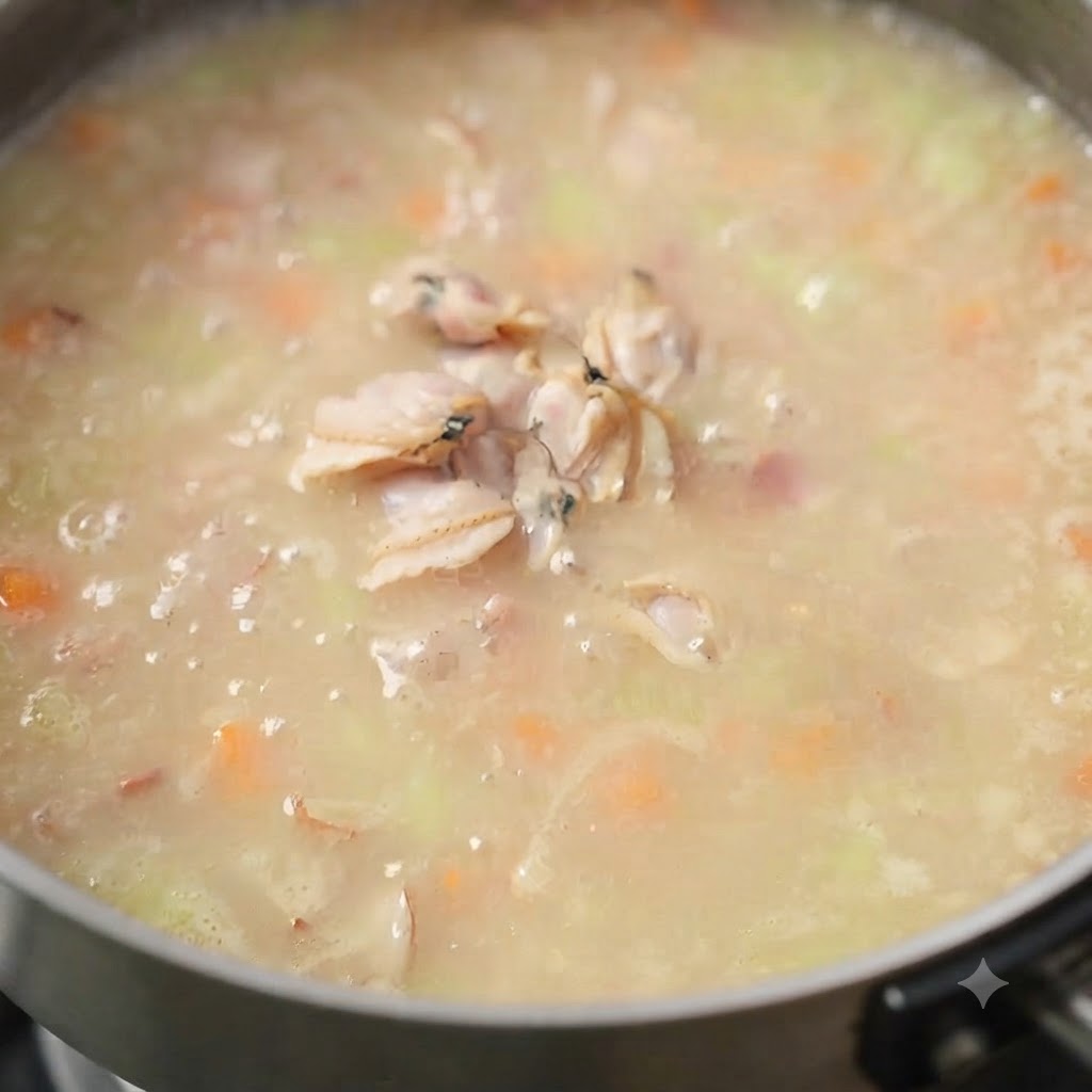 De la crème fraîche tourbillonnant dans la marmite de soupe bouillante.