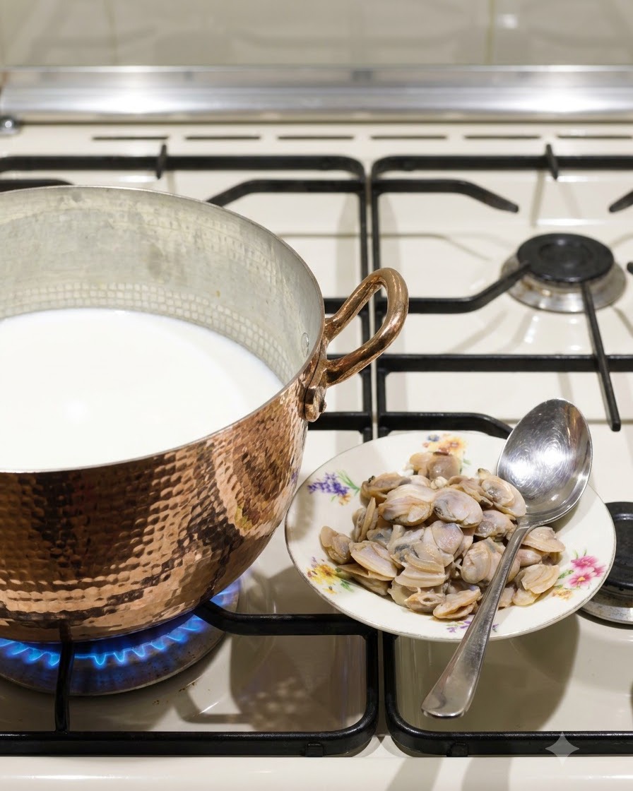 Une écumoire ajoutant de la chair de palourde dans une casserole en cuivre remplie de lait sur un brûleur à gaz allumé.