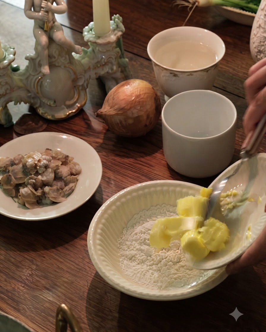 Une cuillère mélangeant du beurre jaune et de la farine blanche dans un bol blanc cannelé.
