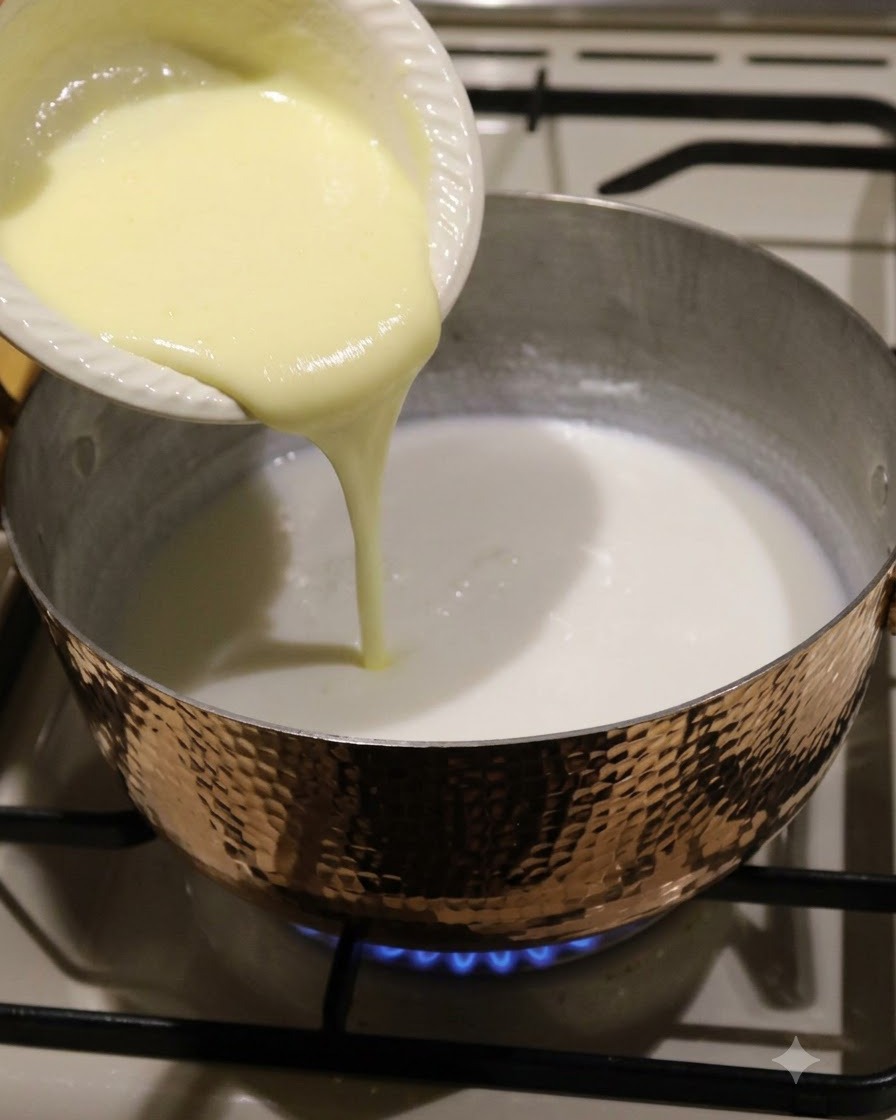 Un mélange onctueux versé dun petit plat blanc dans une casserole de liquide blanc sur une cuisinière.