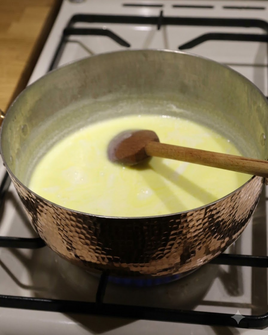 Une cuillère en bois remuant une base de soupe jaune frémissante dans une casserole en cuivre.