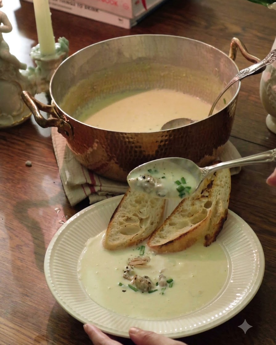 Une chaudrée crémeuse dans une casserole en cuivre servie sur du pain grillé dans un bol blanc garni dherbes.