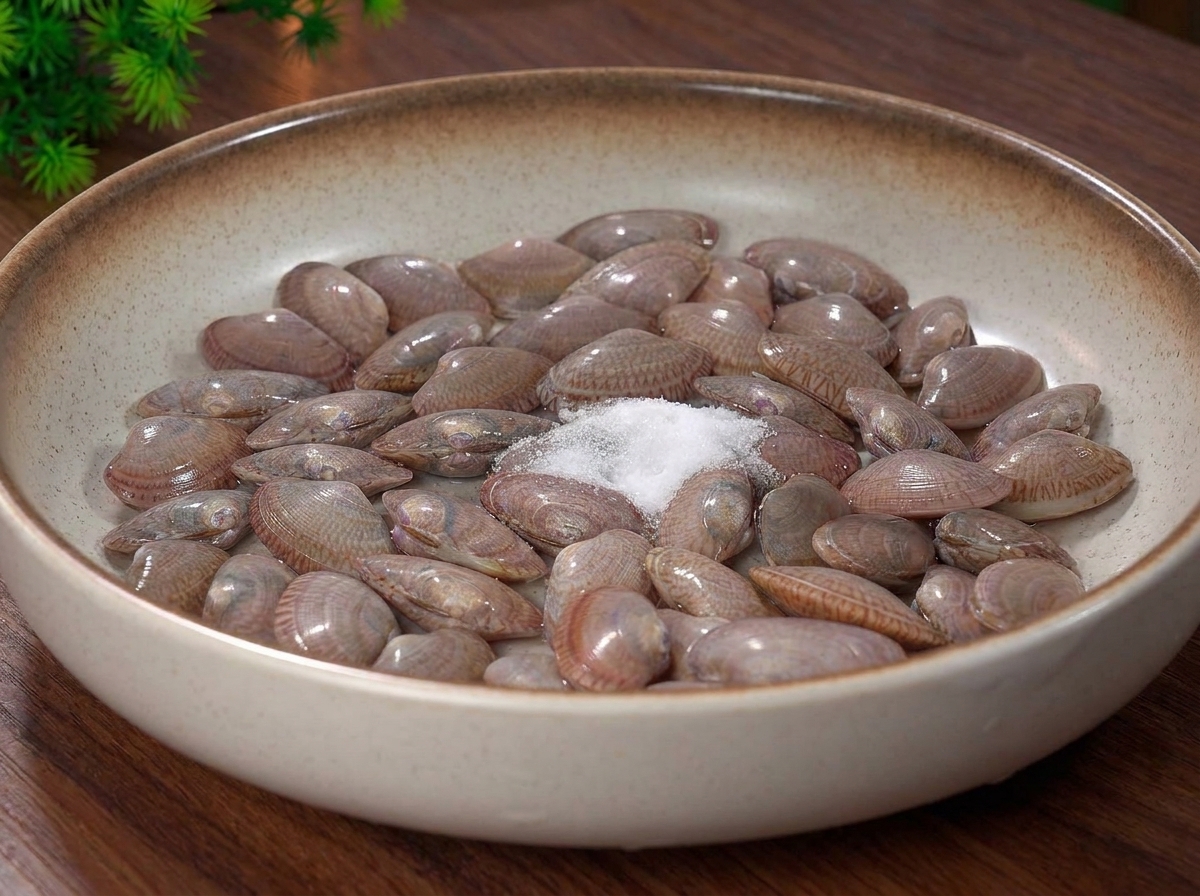 Palourdes fraîches trempant dans un bol deau avec du sel saupoudré sur le dessus.