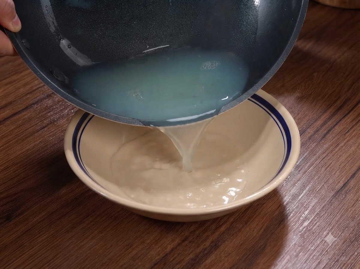 Bouillon de palourdes trouble versé dun wok dans un bol en céramique.