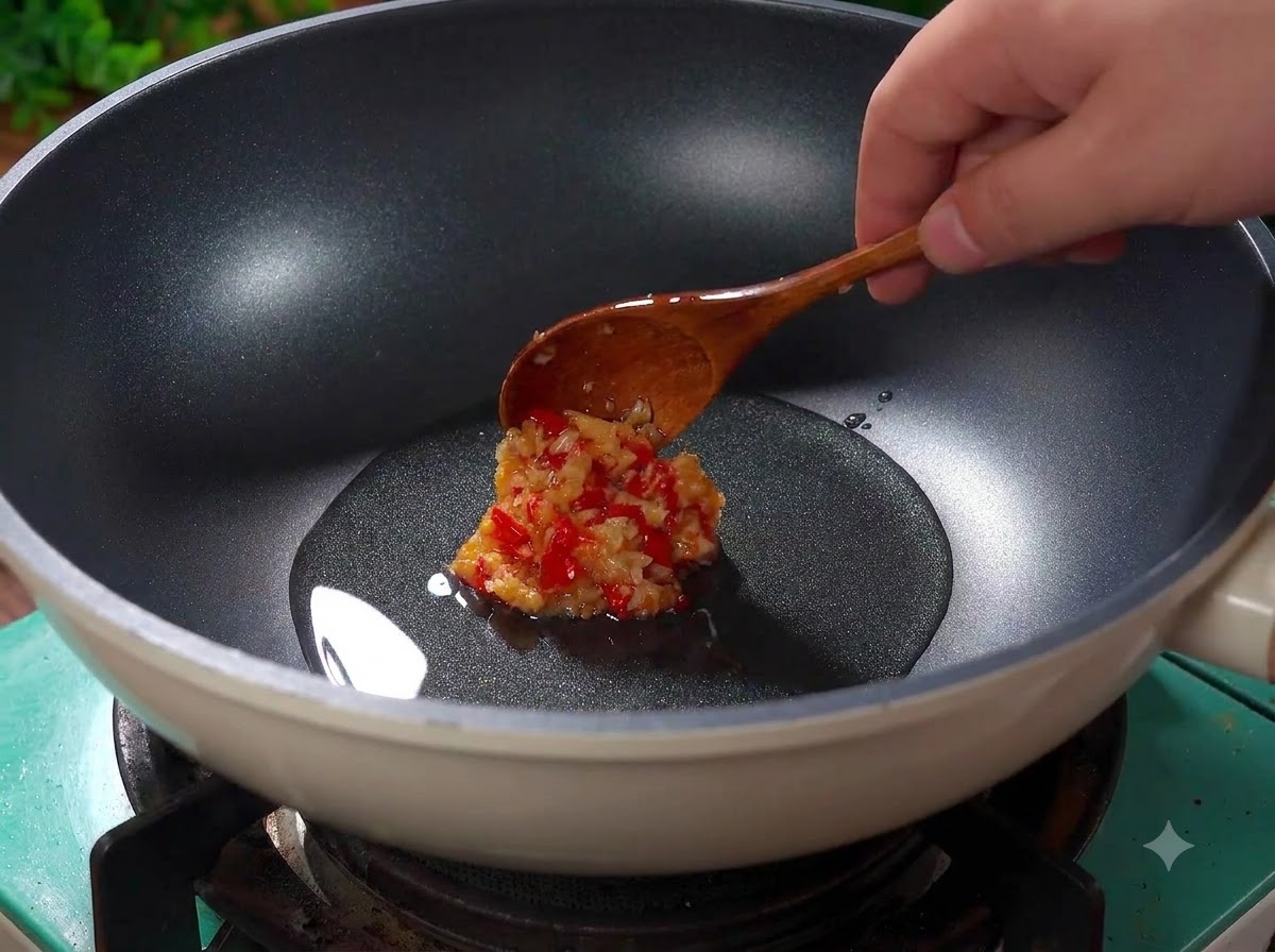 Ail émincé et piments rouges hachés grésillant dans de lhuile chaude à lintérieur dun wok.