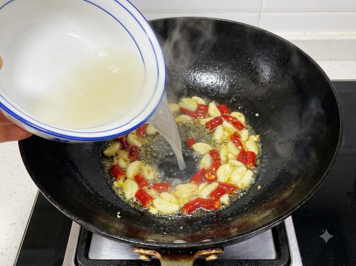 Liquide versé dans un wok contenant de lail et des piments frits.