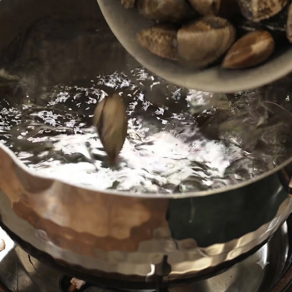 Des palourdes fraîches versées dans une casserole deau bouillante sur une cuisinière.