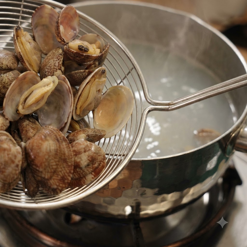 Coquilles et chair de palourdes retirées de leau bouillante à laide dune écumoire.