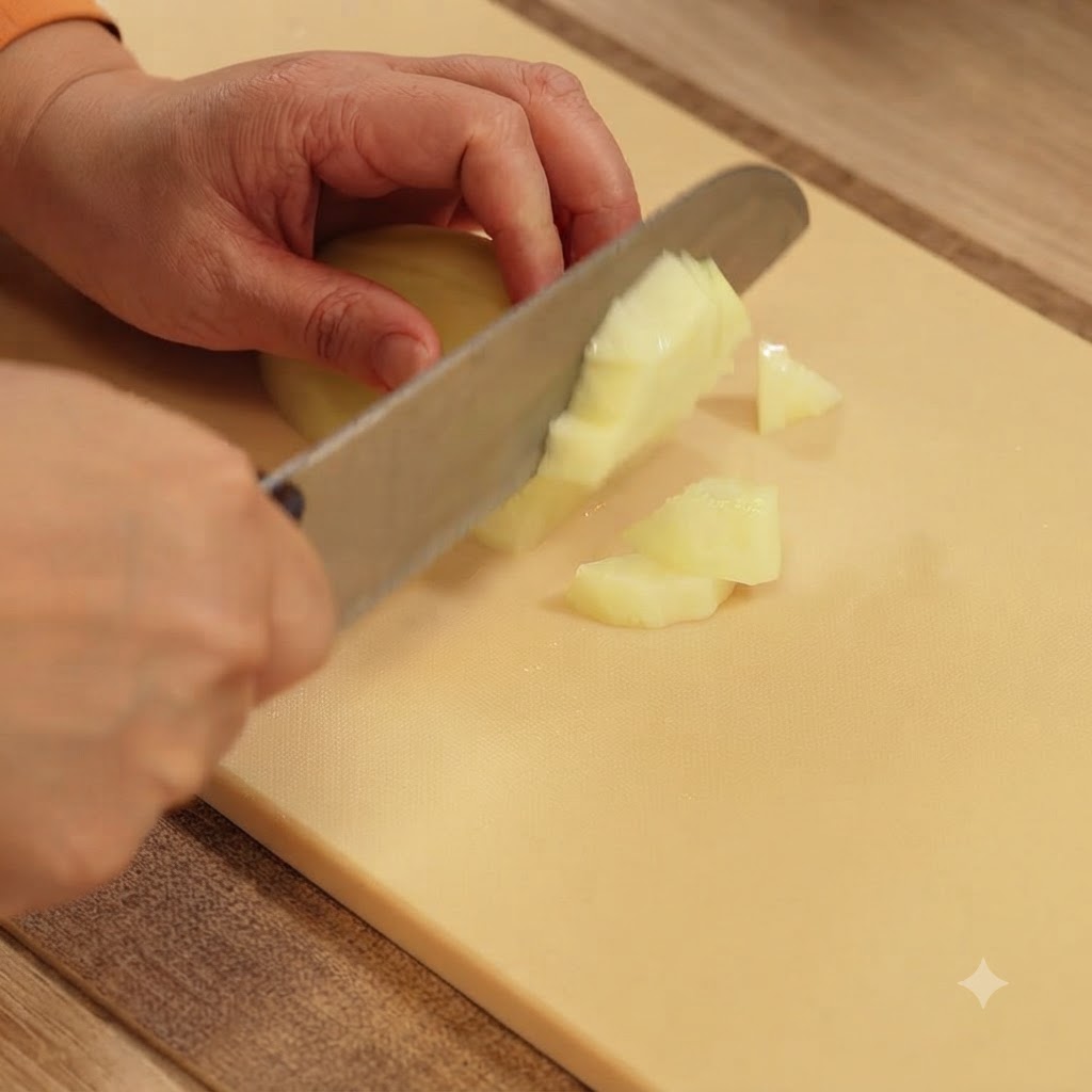 Un couteau de cuisine découpant une pomme de terre en petits dés sur une planche à découper beige.