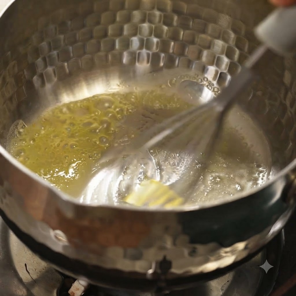Du beurre fondant dans une casserole en métal, fouetté jusquà obtenir une texture lisse.