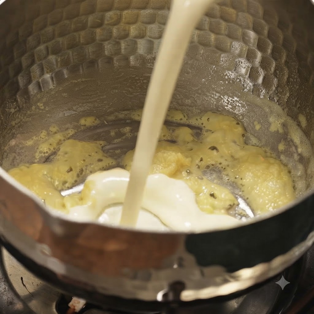 Du lait versé dans une casserole contenant un roux à base de beurre et de farine.