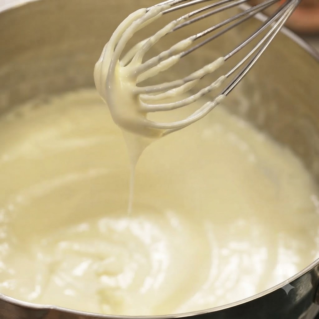 Un fouet enrobé dune sauce blanche épaisse et lisse, soulevé au-dessus dune casserole.