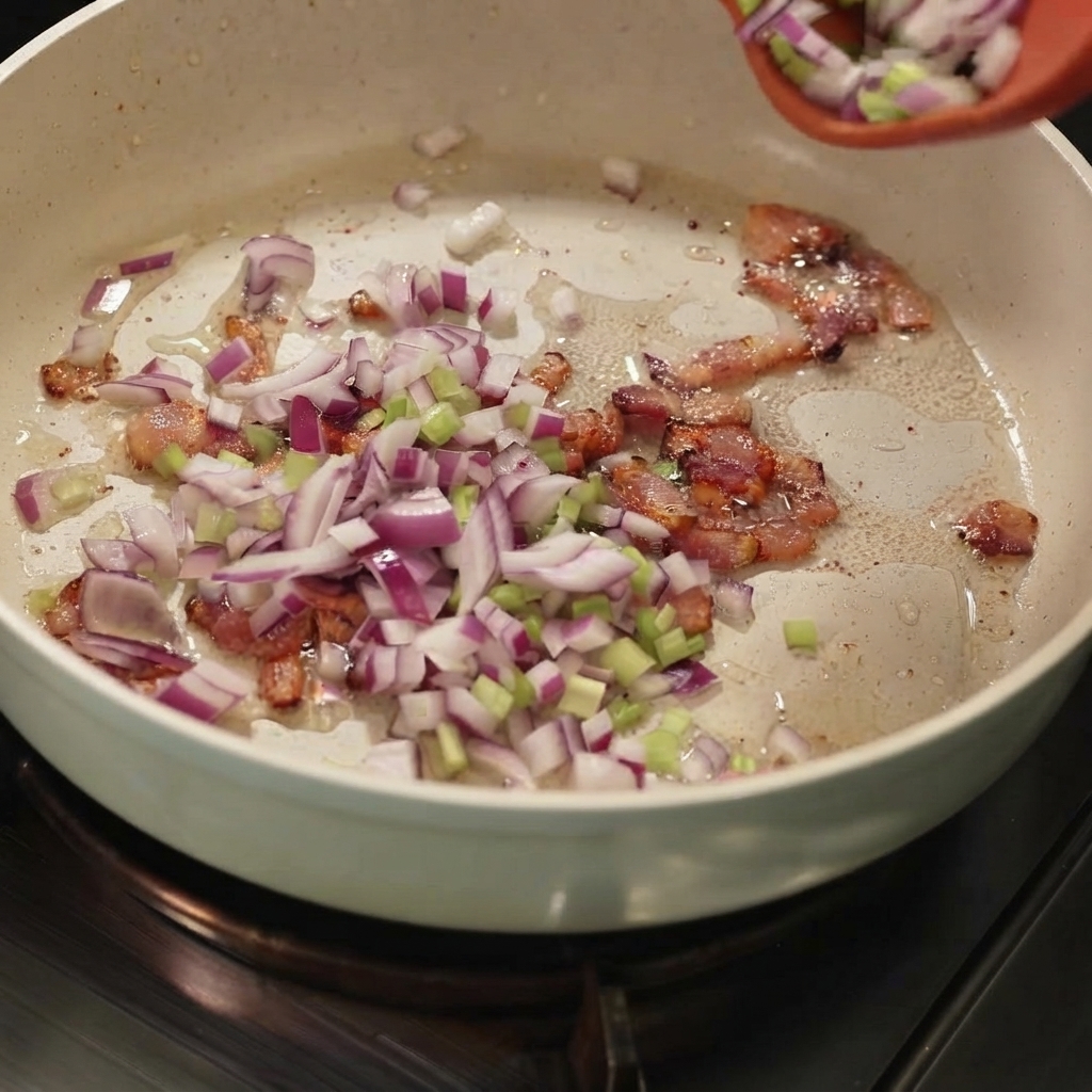 Des dés doignons rouges, de céleri et de pommes de terre versés dans une poêle contenant des morceaux de bacon rissolés.