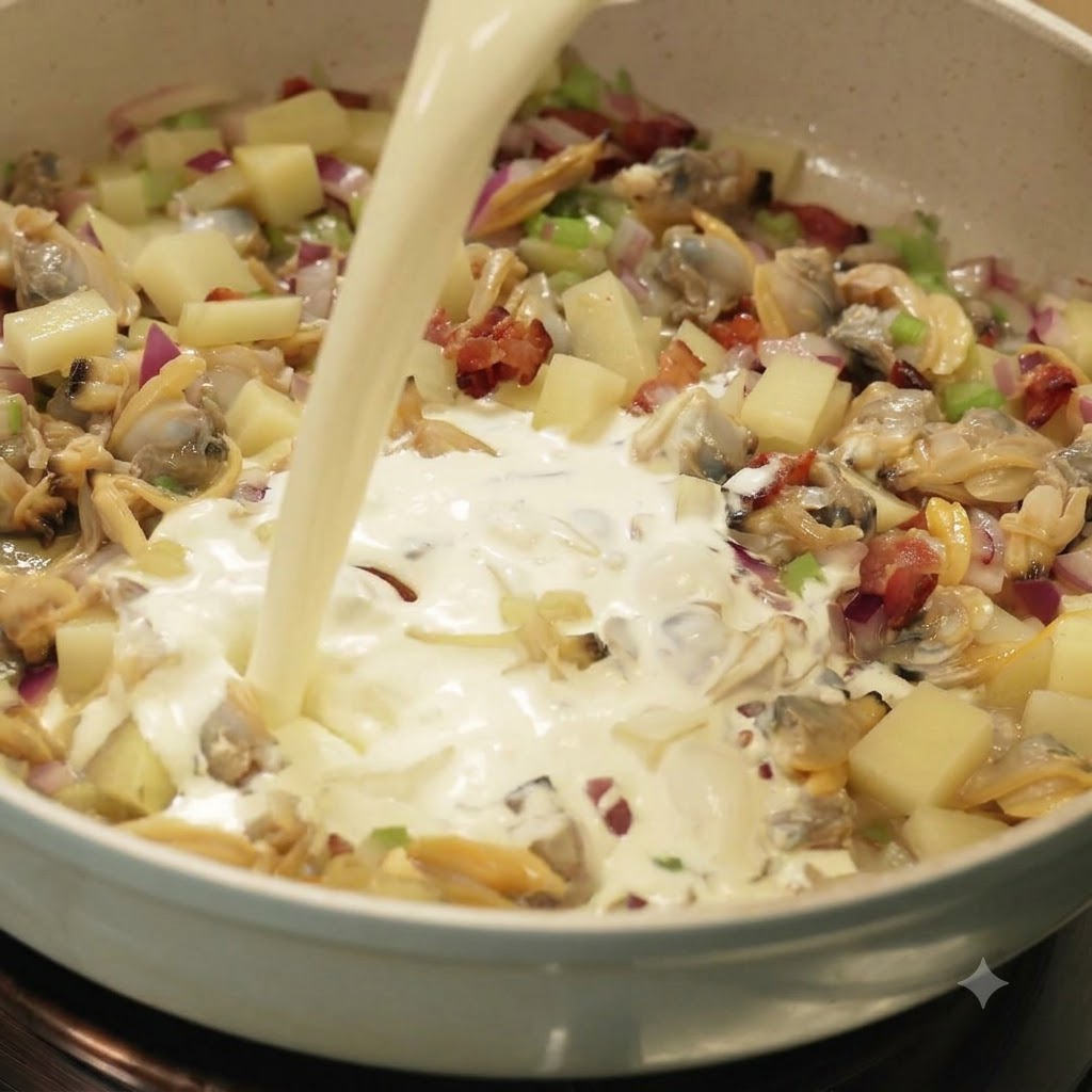 Du lait et de la crème liquide versés dun verre doseur dans une poêle remplie de légumes sautés, de bacon et de palourdes.