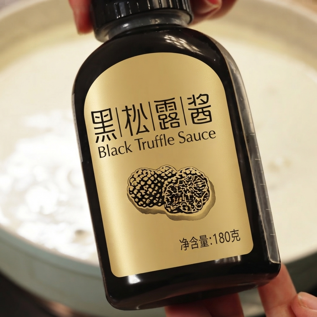 Une bouteille étiquetée Sauce à la Truffe Noire tenue au-dessus dune casserole de soupe crémeuse.