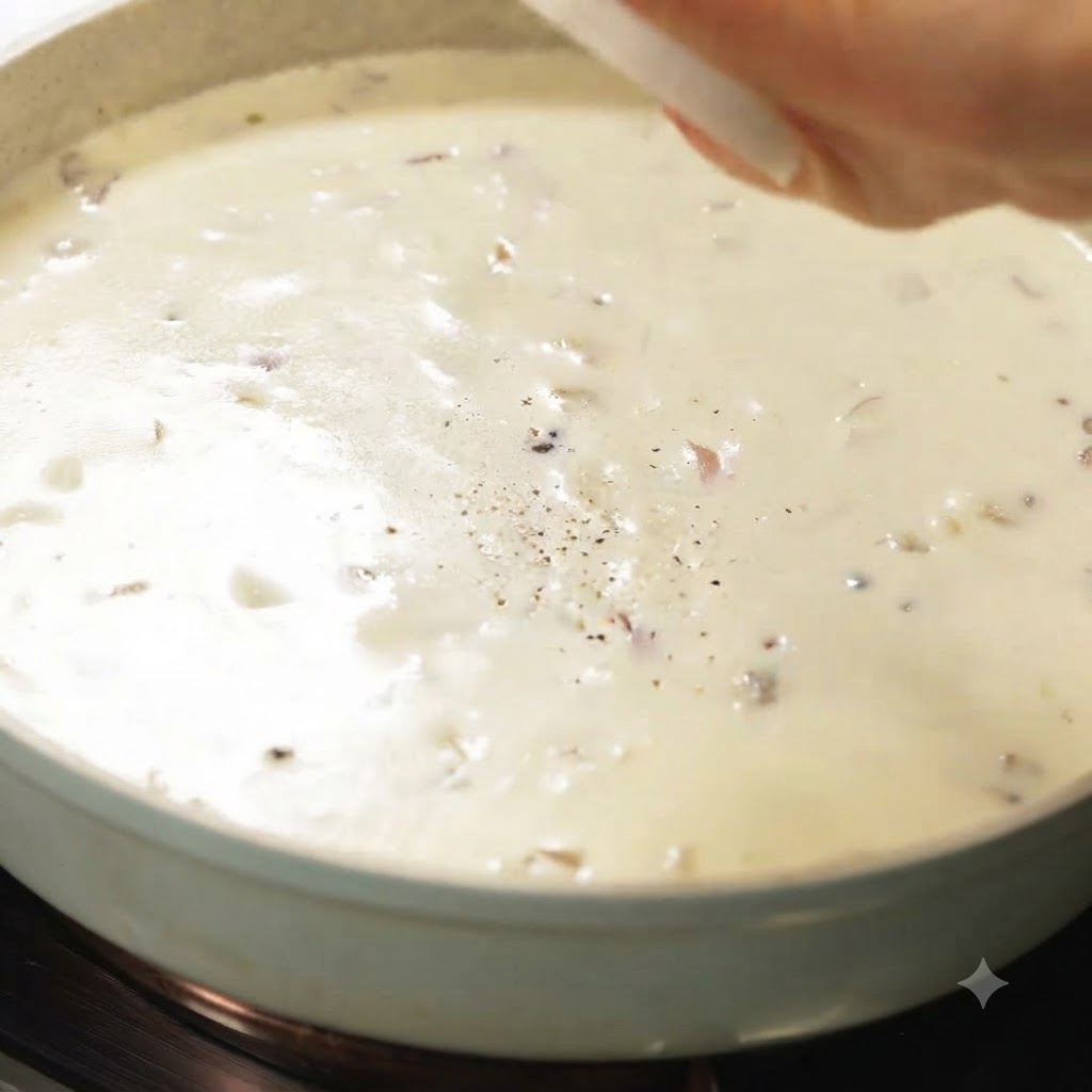 Du poivre noir et du sel de mer saupoudrés sur une casserole de soupe crémeuse frémissante.