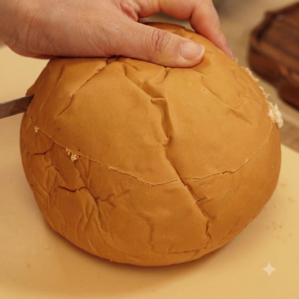 Une main utilisant un couteau pour couper la croûte supérieure dune miche de pain ronde.