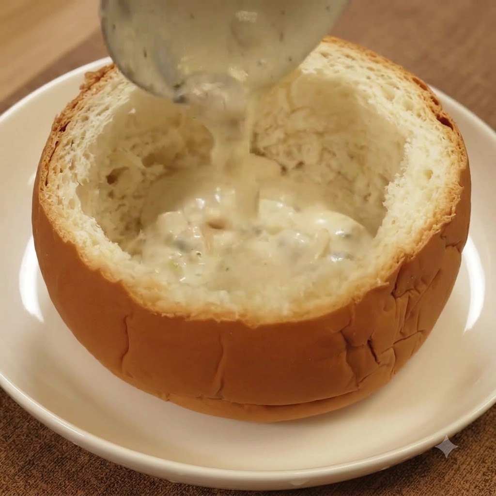 Une épaisse chaudrée de palourdes crémeuse servie à la louche dans une miche de pain évidée reposant sur une assiette blanche.