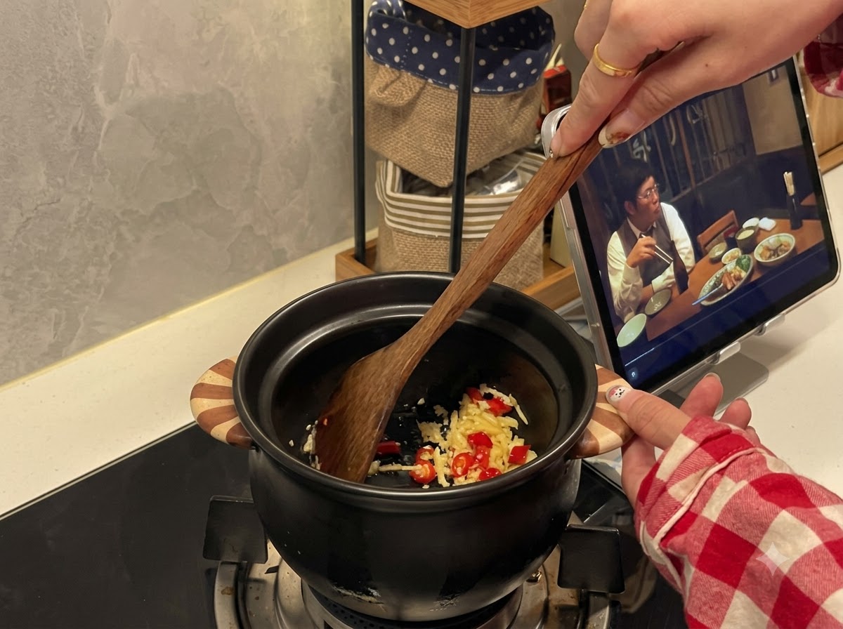 Une spatule en bois remuant de lail haché et des piments à lintérieur dun pot en céramique noire sur la cuisinière.