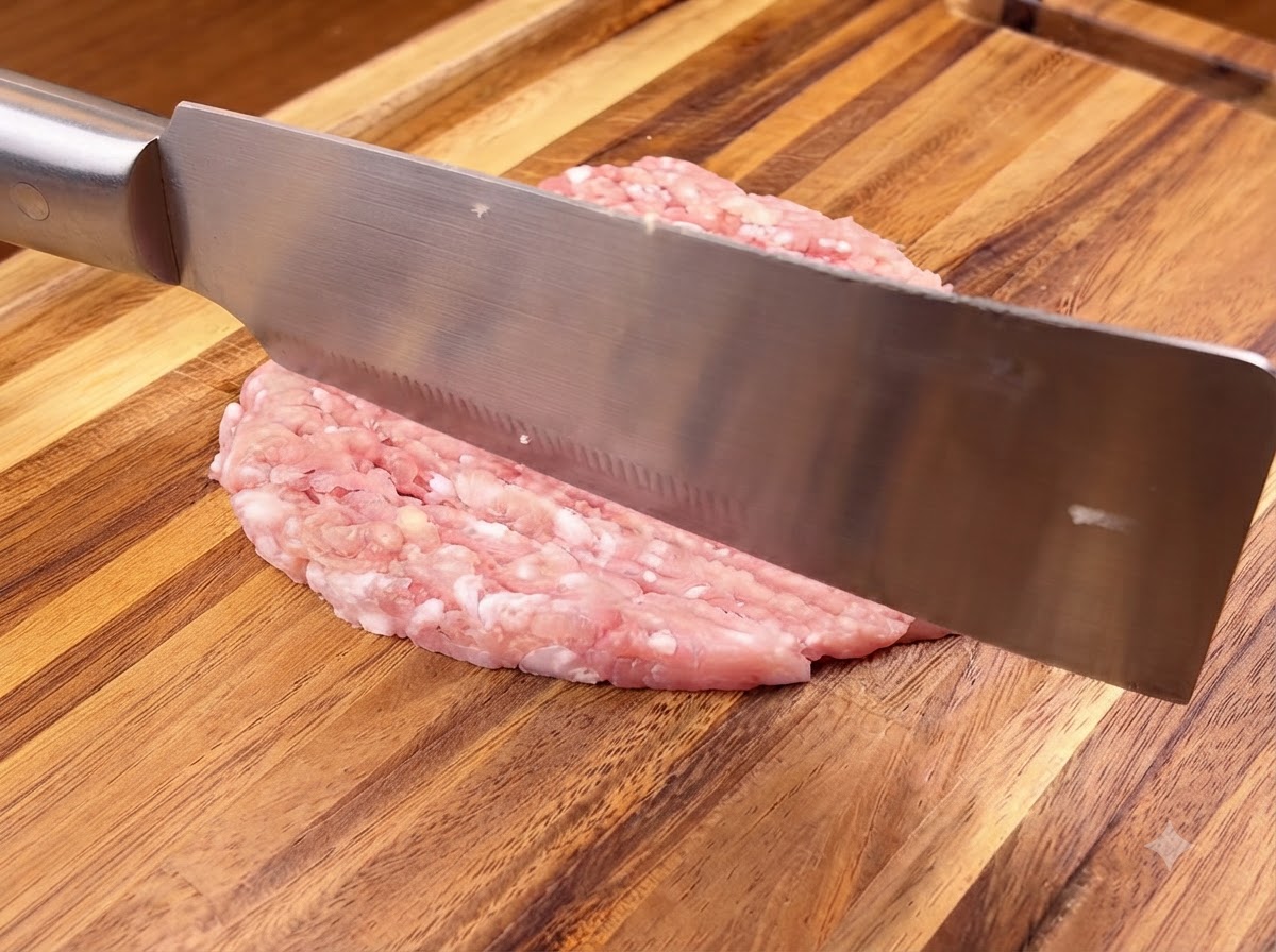 Un grand couteau tranchant coupant de la viande de porc fraîche sur une planche à découper en bois.