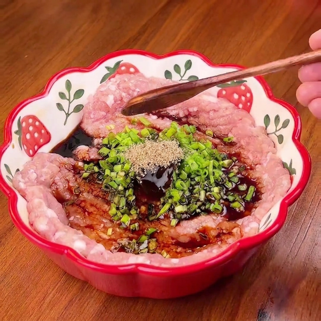 Mains gantées mélangeant le porc haché avec les assaisonnements et les oignons verts dans un bol à laide dune cuillère en bois.