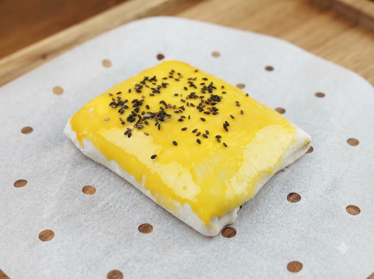 Graines de sésame noir saupoudrées sur la surface badigeonnée de jaune dœuf dun feuilleté de viande plié.