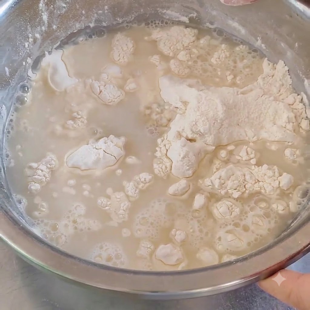 De leau chaude est versée et mélangée dans de la farine de force à lintérieur dun bol en métal.