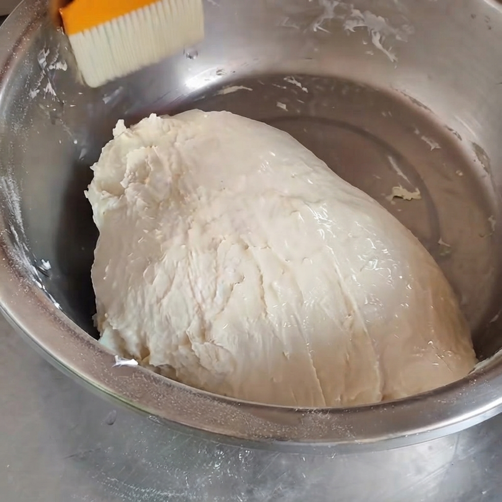 Un pinceau appliquant de lhuile végétale sur la surface dune boule de pâte lisse dans un bol.