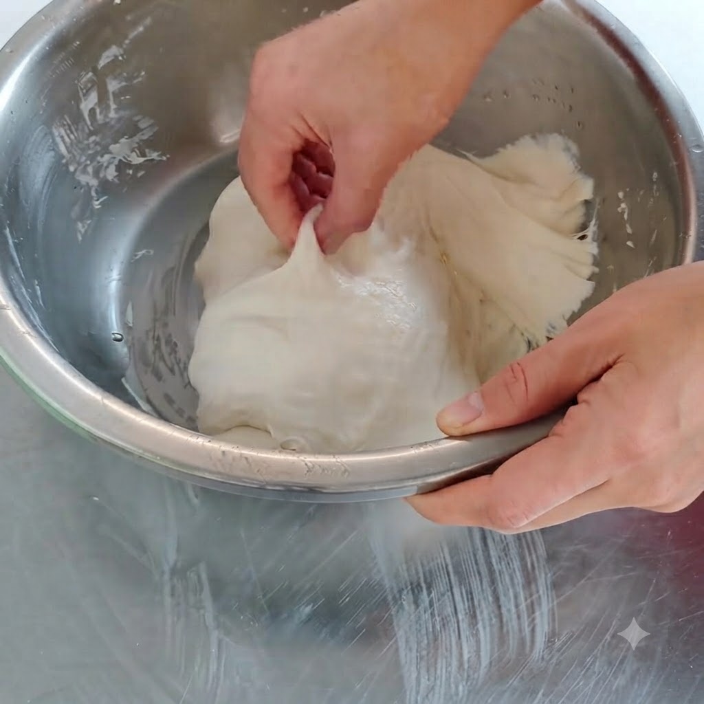 Des mains étirant un morceau de pâte élastique vers le haut au-dessus dun bol.