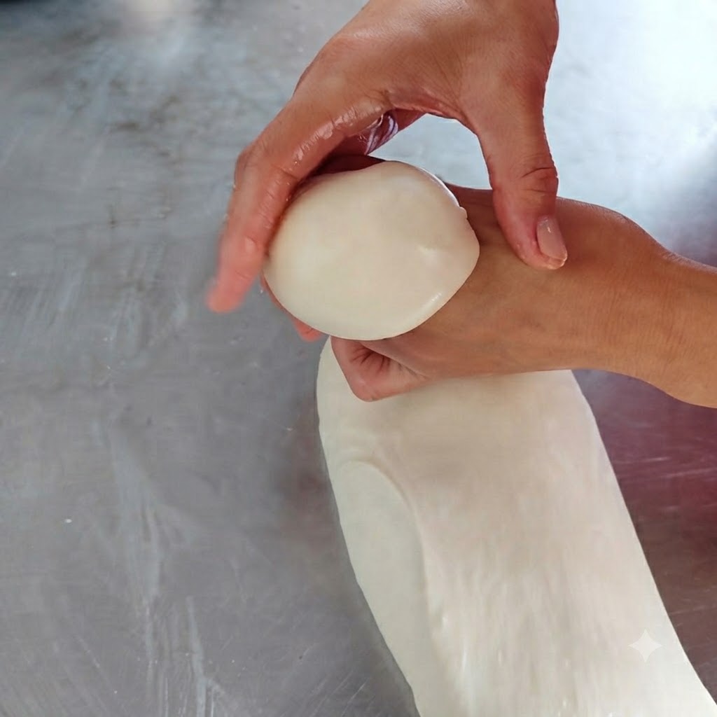Des mains façonnant un petit morceau de pâte ronde sur un plan de travail huilé en métal.