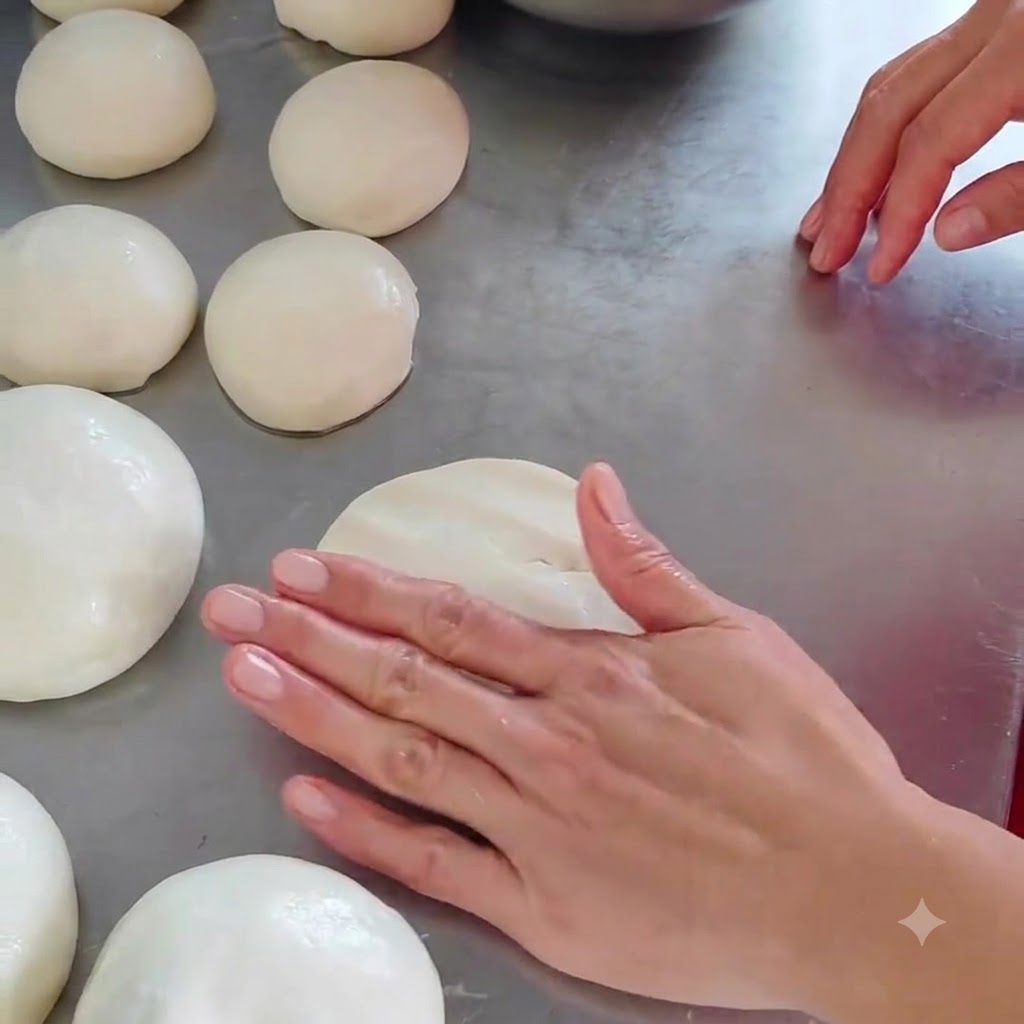 Une main appuyant sur une boule de pâte pour laplatir sur un plan de travail.
