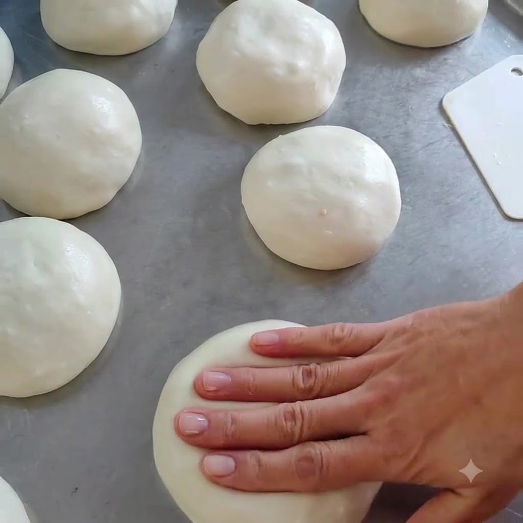 Une main aplatissant doucement une boule de pâte farcie pour former un disque sur une surface en inox.