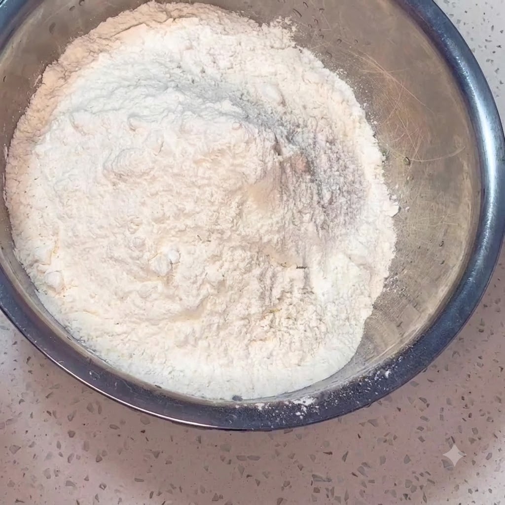 Farine, sel et eau tiède combinés dans un bol en acier, mélangés avec des baguettes en bois.