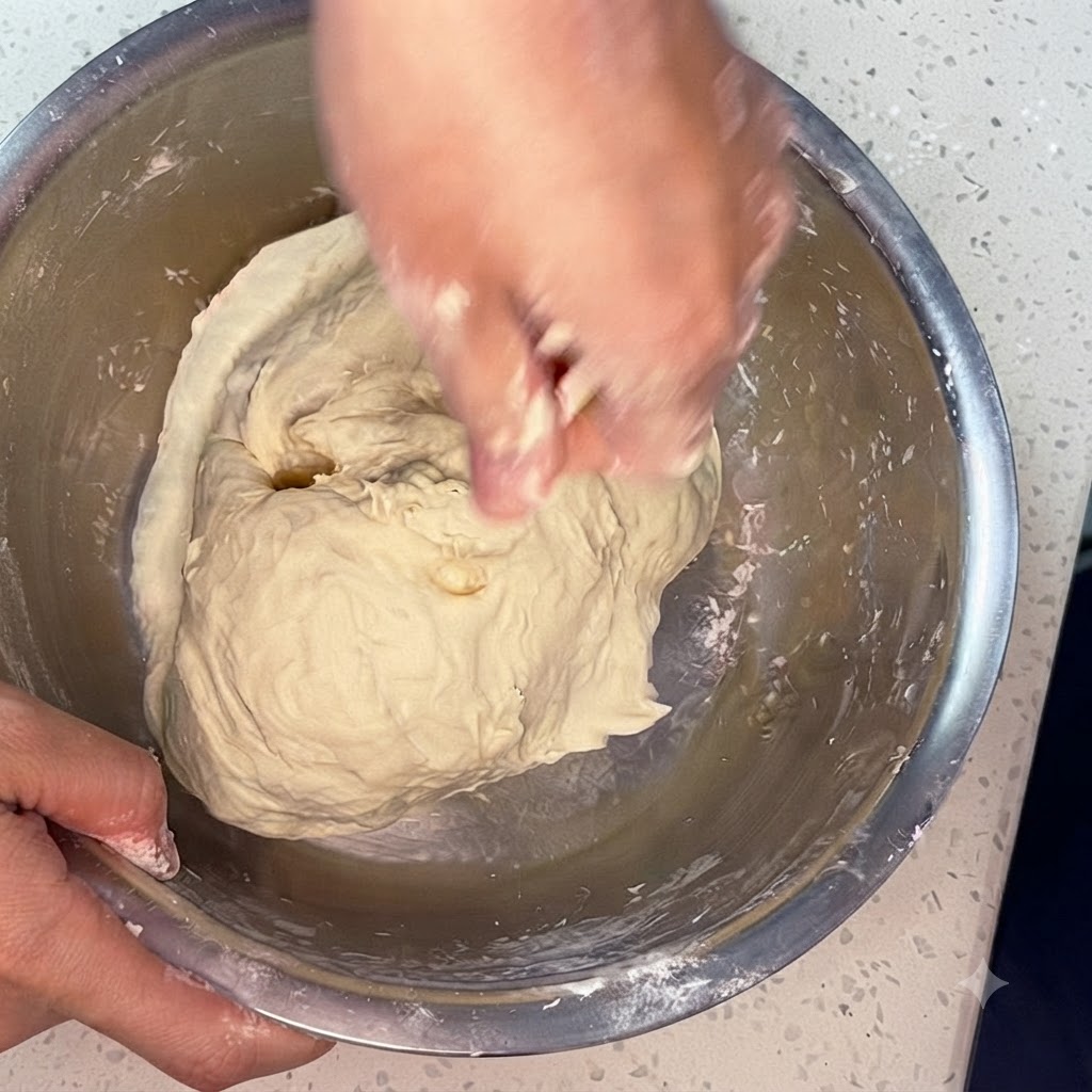 Mains en train de pétrir activement la pâte à lintérieur dun bol en acier inoxydable.