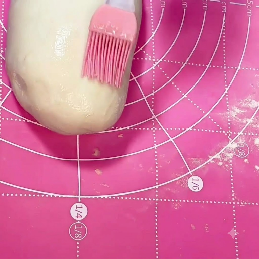 Un pinceau en silicone rose étalant de lhuile sur un boudin de pâte lisse posé sur un tapis rose.