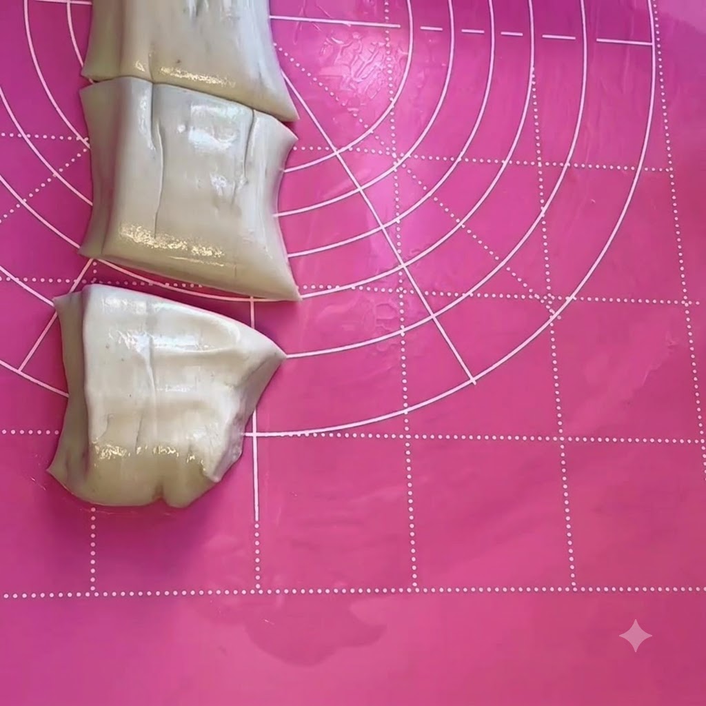 Un boudin de pâte coupé en plusieurs portions plus petites sur un tapis de roulage rose.