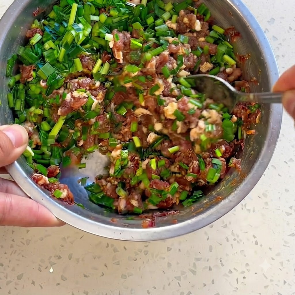 Viande hachée et ciboulette mélangées avec des assaisonnements dans un bol en acier à laide de baguettes.