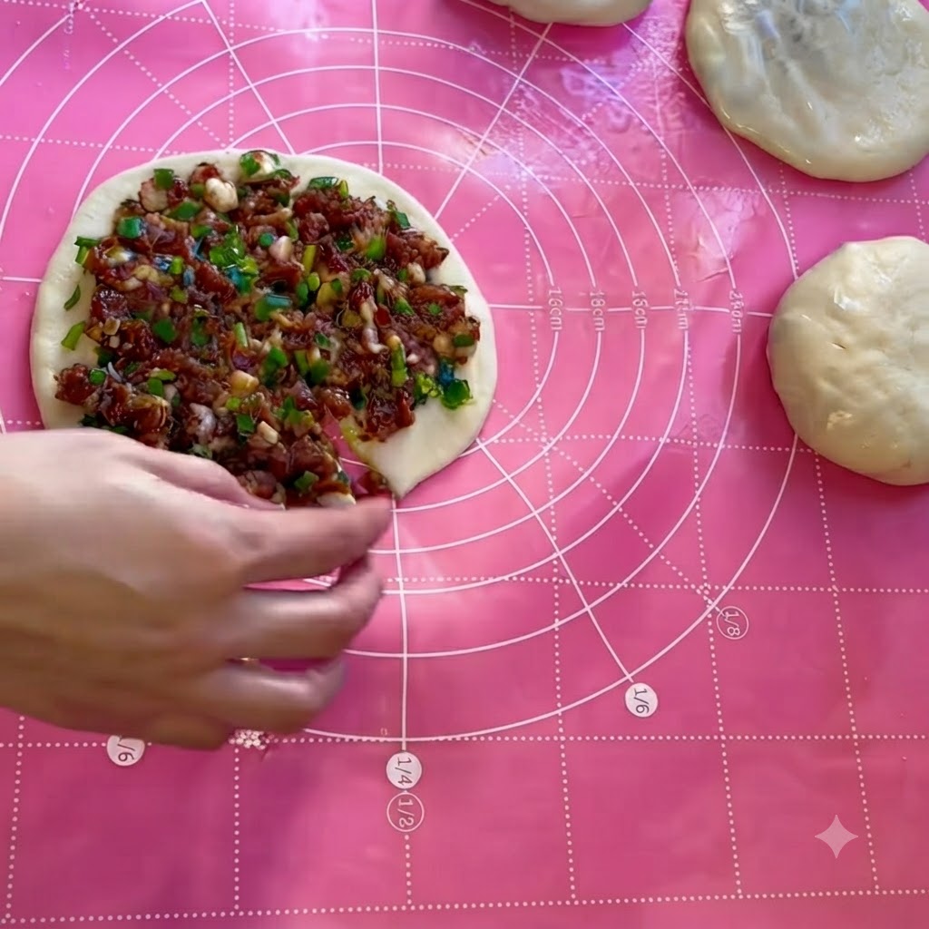 Une main soulevant le bord coupé de la feuille de pâte pour commencer à la replier sur la farce de viande.