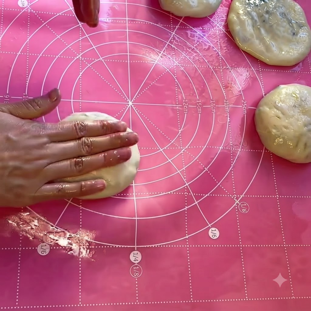 Une main appuyant délicatement sur une boule de pâte garnie pour laplatir en une galette ronde.