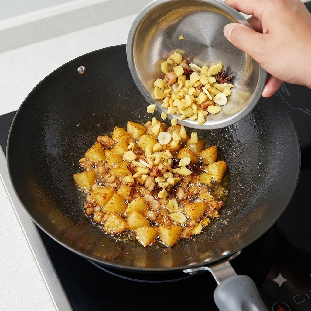 Un wok contenant de la graisse de porc en train de fondre et du gingembre coupé en dés versé depuis un bol en acier inoxydable.