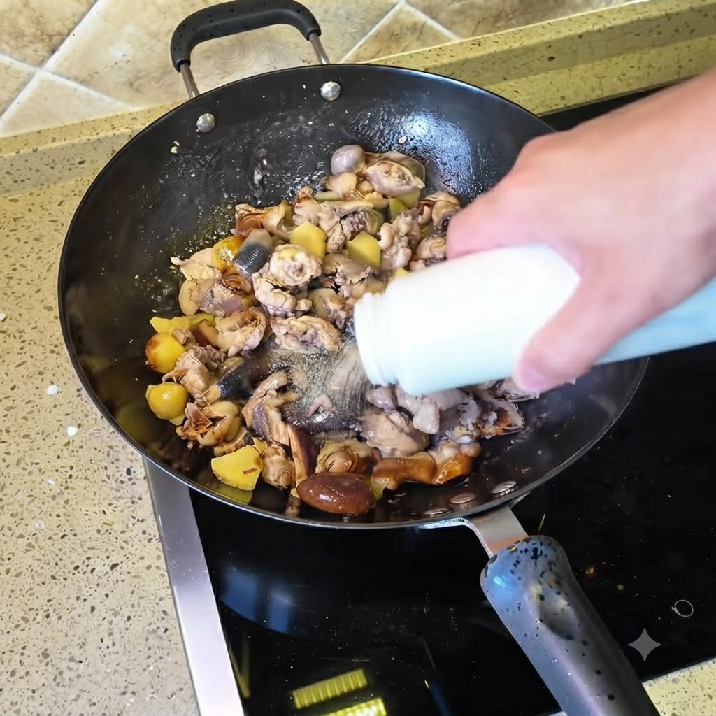 De lassaisonnement saupoudré dune bouteille blanche sur le mélange de poulet dans le wok.