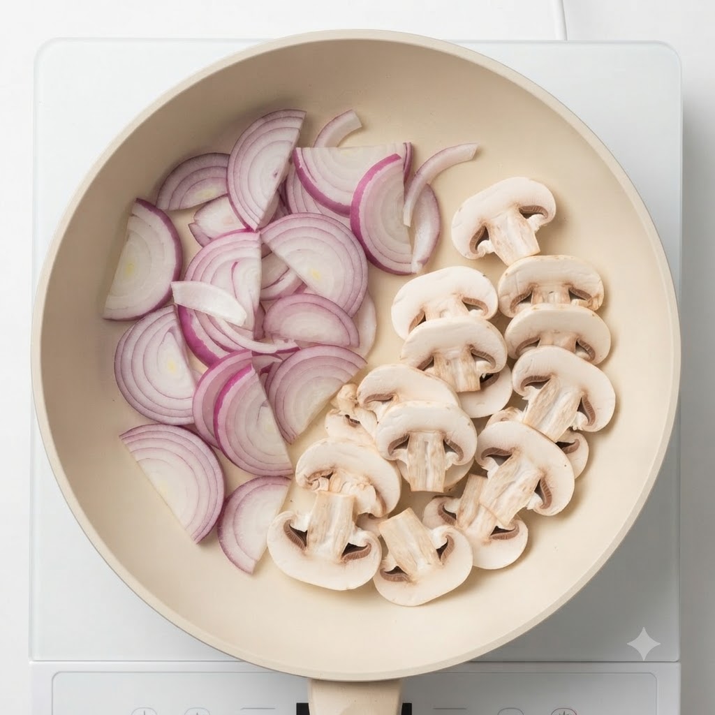 Des champignons tranchés mélangés aux oignons rouges cuisant ensemble dans une poêle.